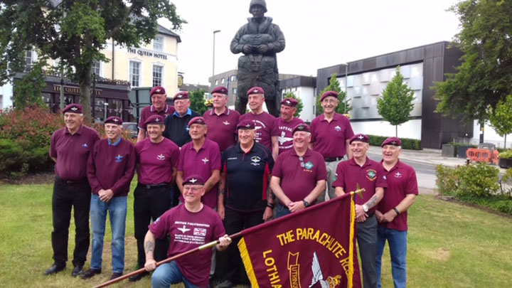 Gordon McLeod and Lothian Branch PRA at the unveiling of the statue of a paratrooper at Aldershot 6 July 2019.